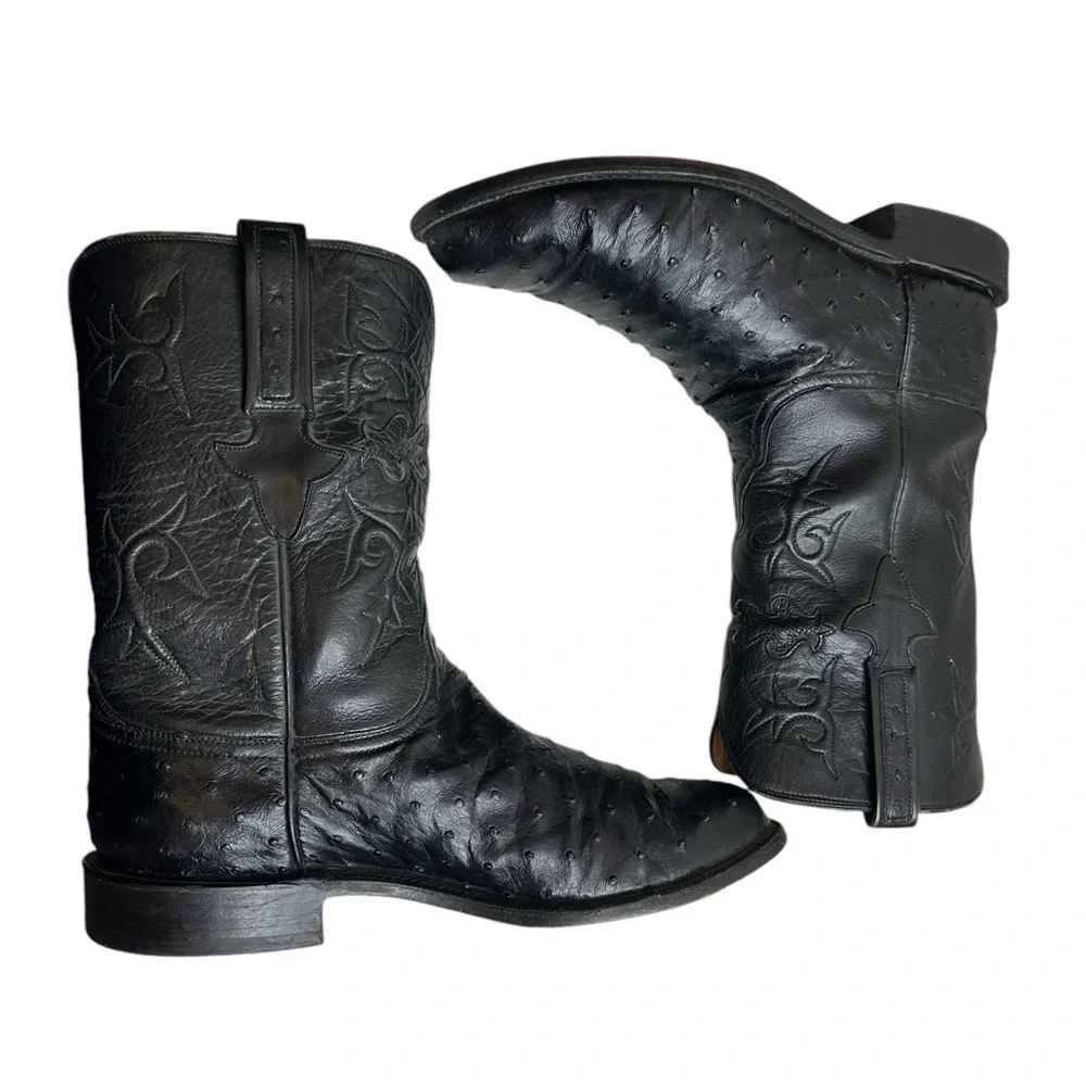Lucchese Black Full Quill Ostrich Leather Cowboy Western Boots Men's 10.5